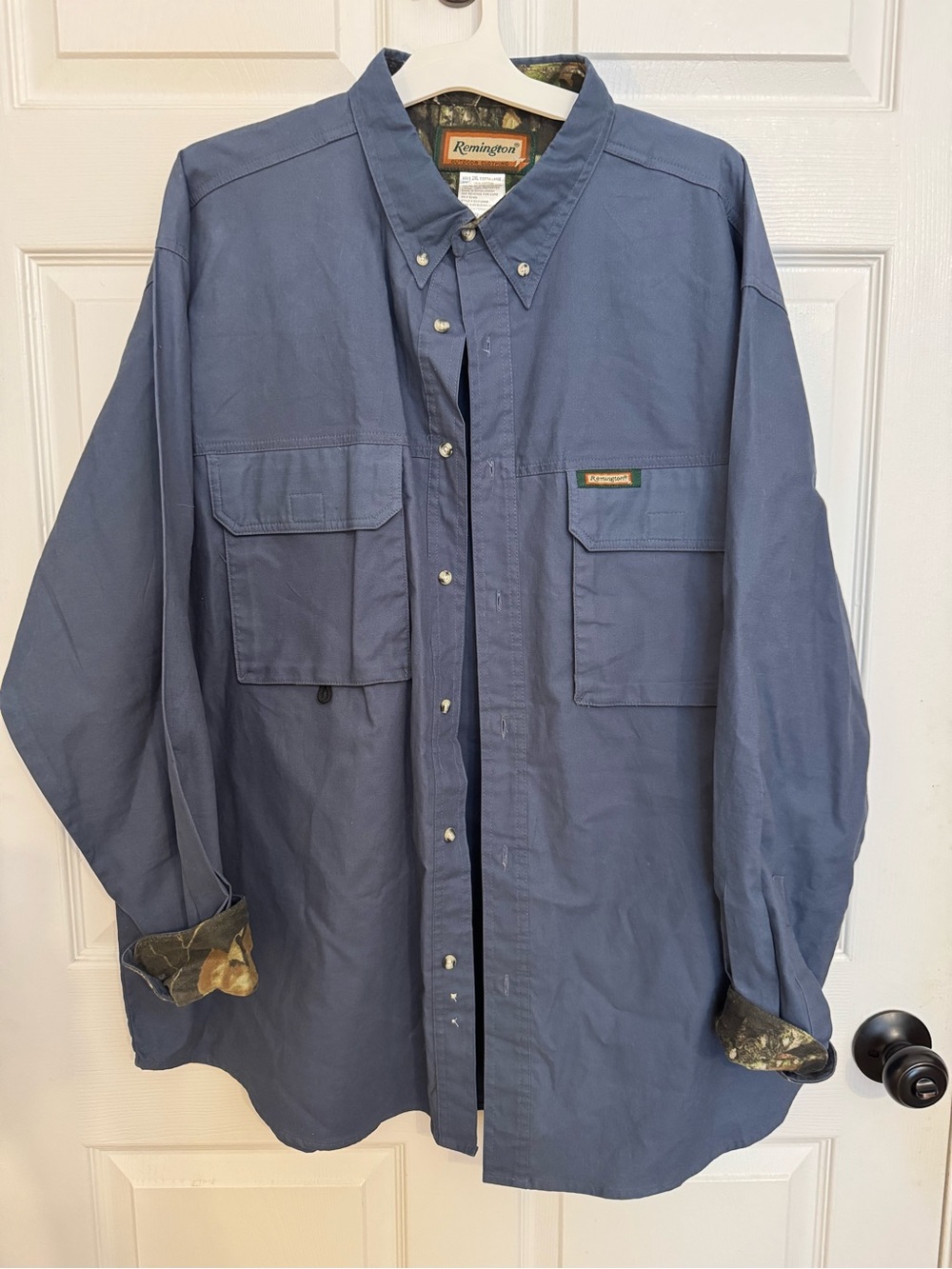 Remington Dusty Blue Lightweight Button-Front Shirt Jacket with Camo Trim